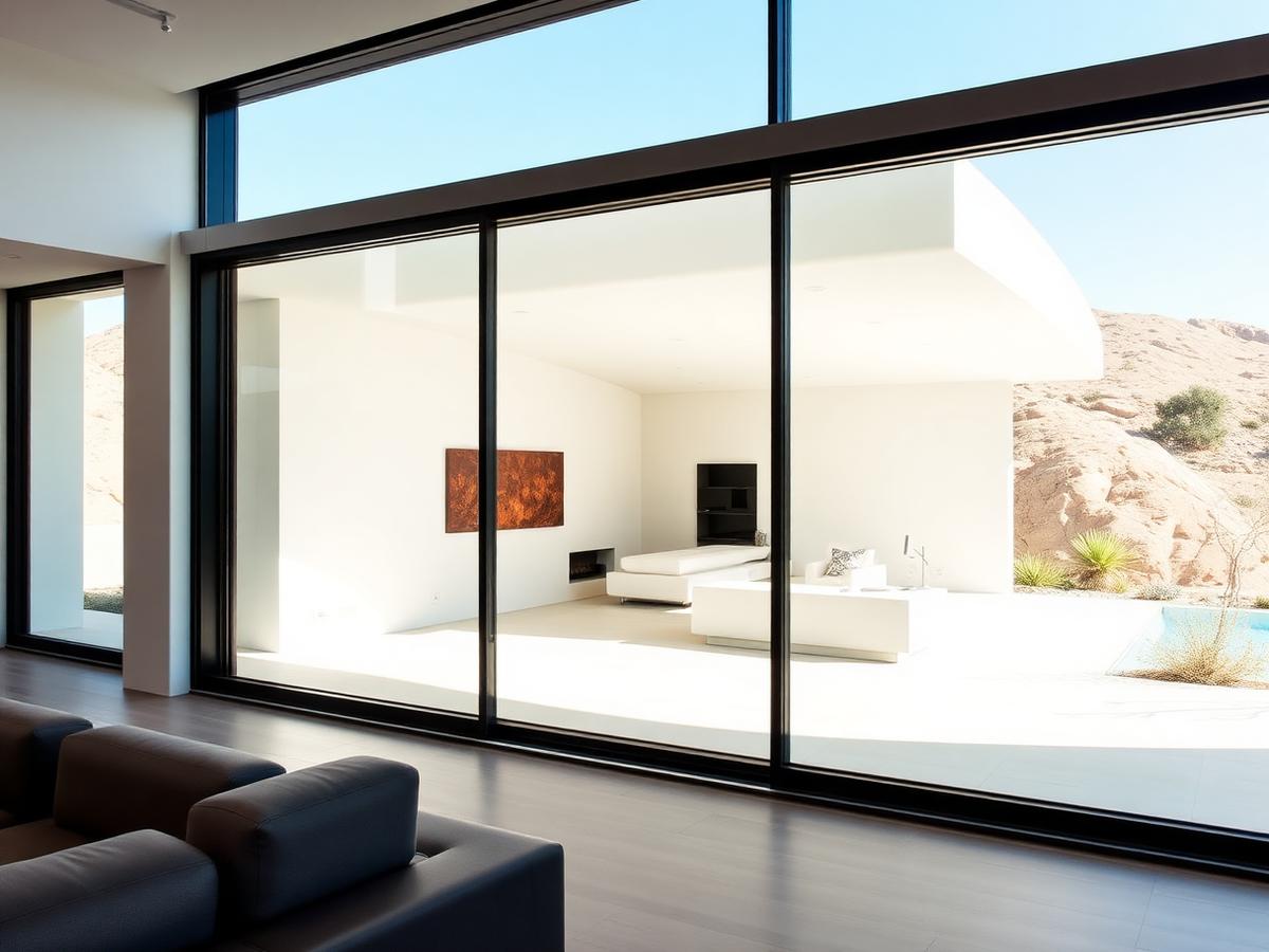 Puerta corrediza Hopo de aluminio con perfiles ultradelgados en casa moderna del desierto