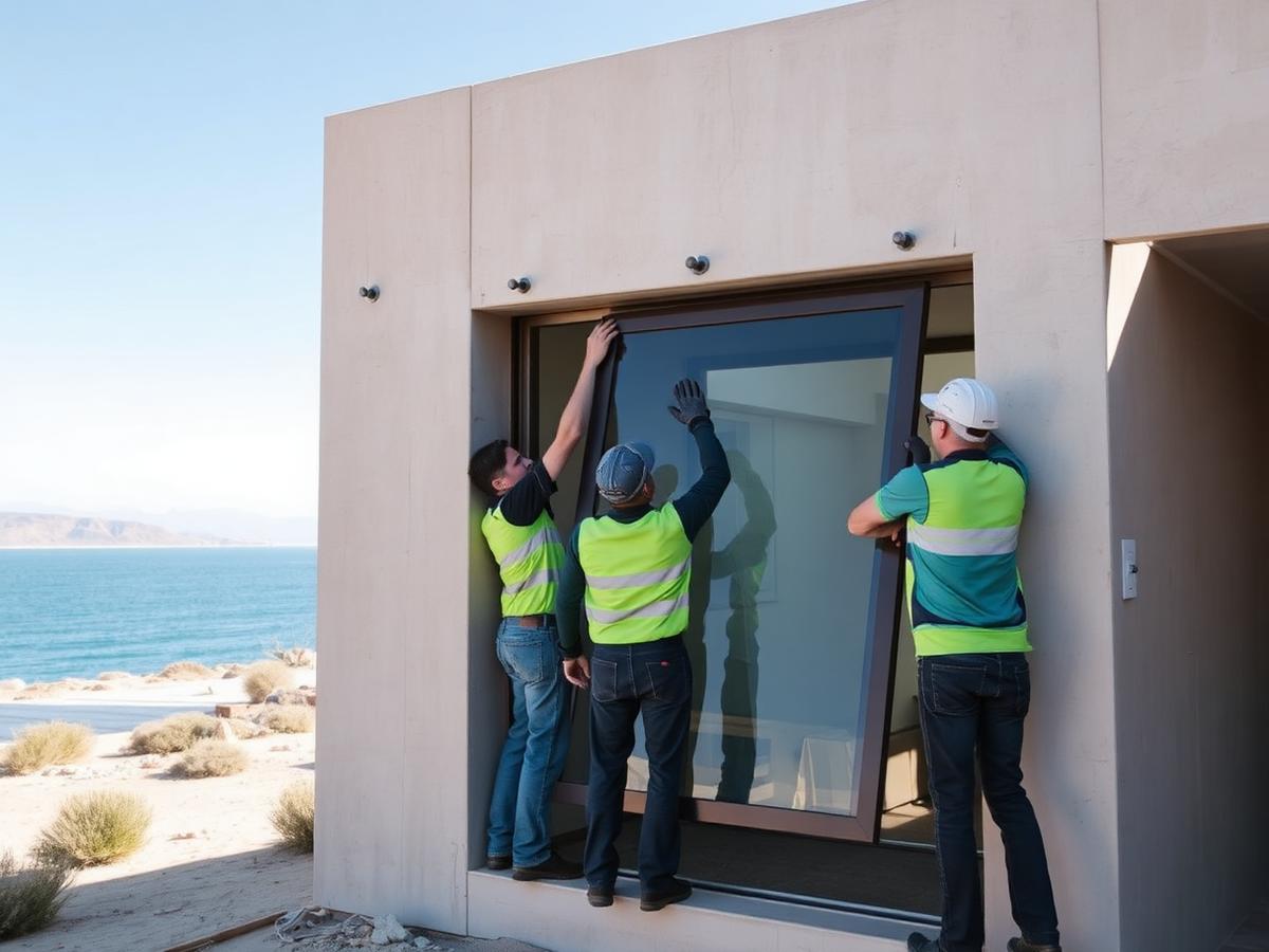 Equipo instalando un ventanal de gran formato en una residencia costera de Los Cabos
